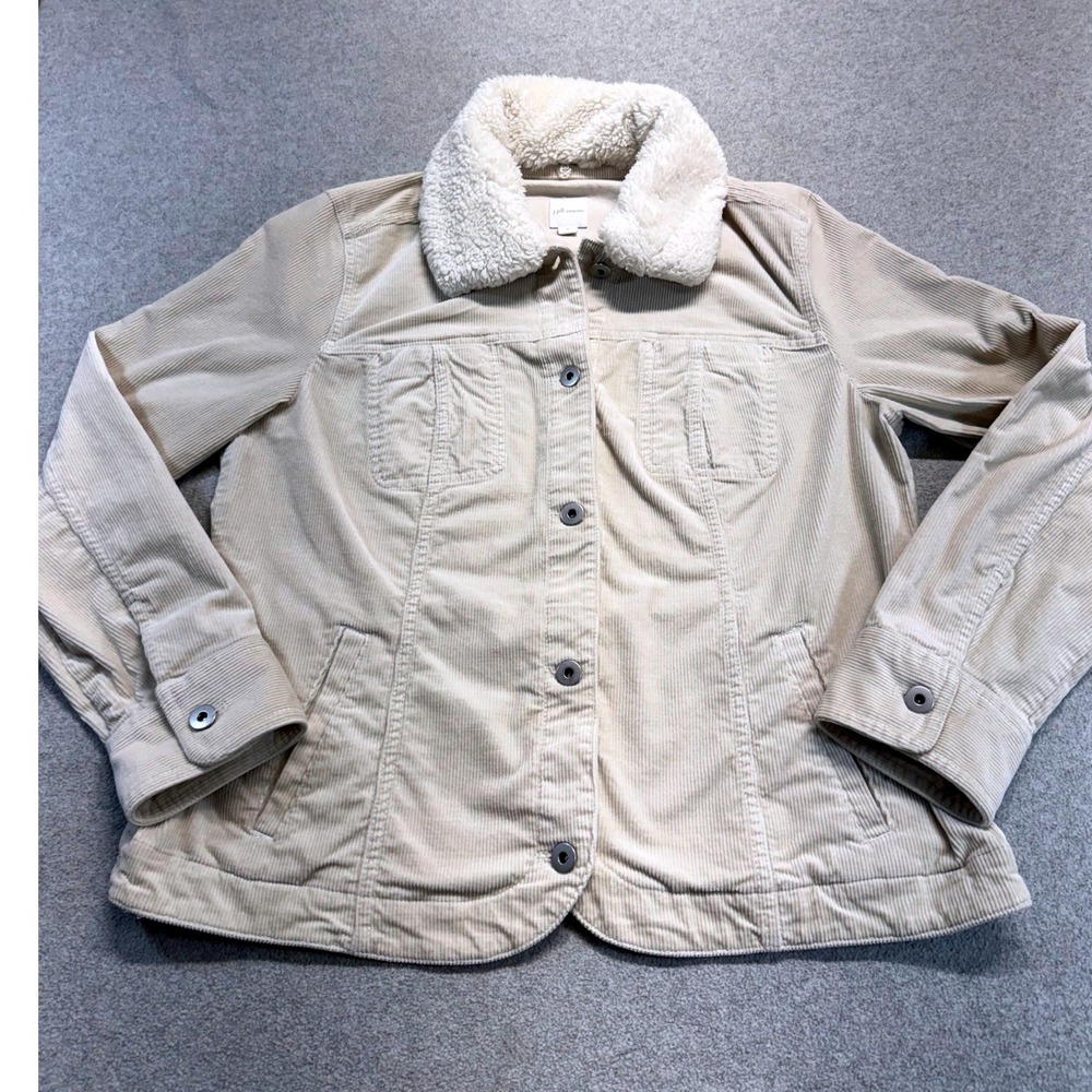 J. Jill Corduroy Jacket Womens Medium Beige Sherpa Collar Button Front Trucker